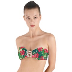 Floral Pink Flowers Twist Bandeau Bikini Top