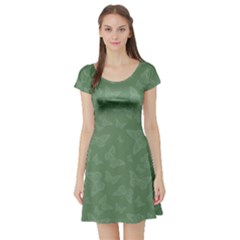 Asparagus Green Butterfly Print Short Sleeve Skater Dress by SpinnyChairDesigns