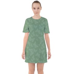 Asparagus Green Butterfly Print Sixties Short Sleeve Mini Dress by SpinnyChairDesigns