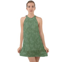 Asparagus Green Butterfly Print Halter Tie Back Chiffon Dress by SpinnyChairDesigns