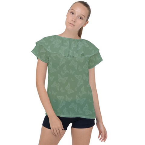 Asparagus Green Butterfly Print Ruffle Collar Chiffon Blouse by SpinnyChairDesigns