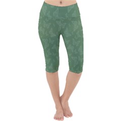 Asparagus Green Butterfly Print Lightweight Velour Cropped Yoga Leggings by SpinnyChairDesigns