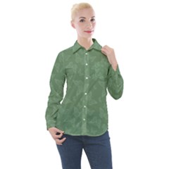 Asparagus Green Butterfly Print Women s Long Sleeve Pocket Shirt