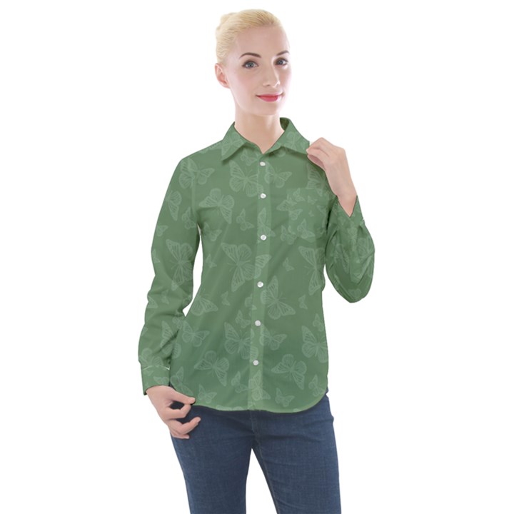 Asparagus Green Butterfly Print Women s Long Sleeve Pocket Shirt