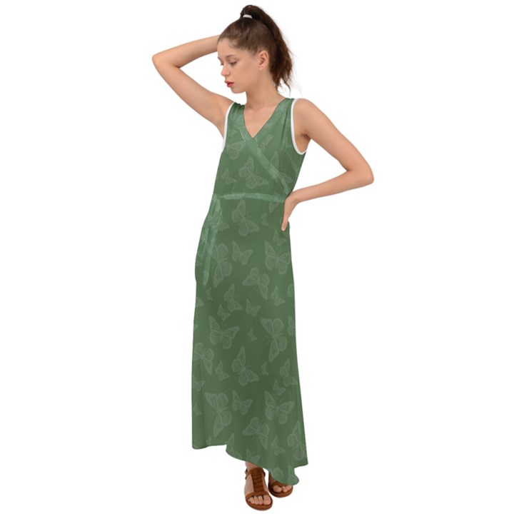 Asparagus Green Butterfly Print V-Neck Chiffon Maxi Dress