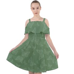 Asparagus Green Butterfly Print Cut Out Shoulders Chiffon Dress by SpinnyChairDesigns