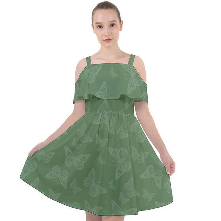 Asparagus Green Butterfly Print Cut Out Shoulders Chiffon Dress