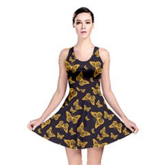 Black Gold Butterfly Print Reversible Skater Dress by SpinnyChairDesigns