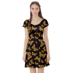 Black Gold Butterfly Print Short Sleeve Skater Dress by SpinnyChairDesigns