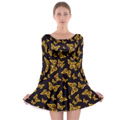 Black Gold Butterfly Print Long Sleeve Skater Dress by SpinnyChairDesigns