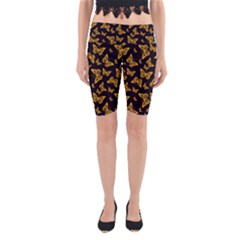 Black Gold Butterfly Print Yoga Cropped Leggings by SpinnyChairDesigns