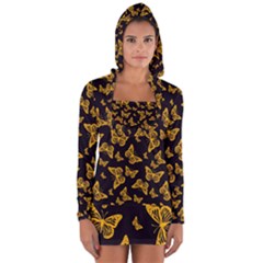 Black Gold Butterfly Print Long Sleeve Hooded T-shirt by SpinnyChairDesigns