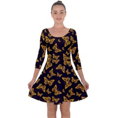 Black Gold Butterfly Print Quarter Sleeve Skater Dress by SpinnyChairDesigns