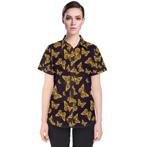 Black Gold Butterfly Print Women s Short Sleeve Shirt by SpinnyChairDesigns