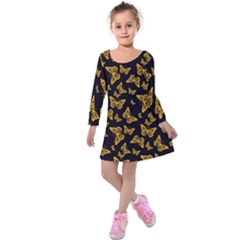 Black Gold Butterfly Print Kids  Long Sleeve Velvet Dress by SpinnyChairDesigns