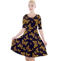 Black Gold Butterfly Print Quarter Sleeve A-line Dress by SpinnyChairDesigns