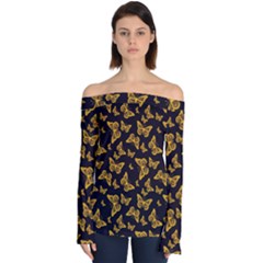 Black Gold Butterfly Print Off Shoulder Long Sleeve Top by SpinnyChairDesigns