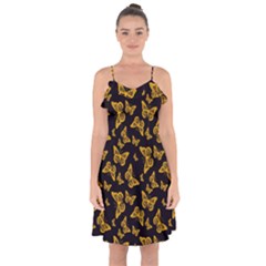 Black Gold Butterfly Print Ruffle Detail Chiffon Dress by SpinnyChairDesigns