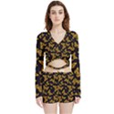 Black Gold Butterfly Print Velvet Wrap Crop Top View1