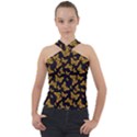 Black Gold Butterfly Print Cross Neck Velour Top View1