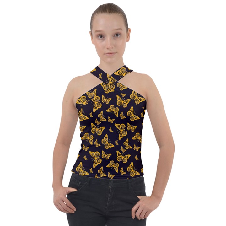 Black Gold Butterfly Print Cross Neck Velour Top