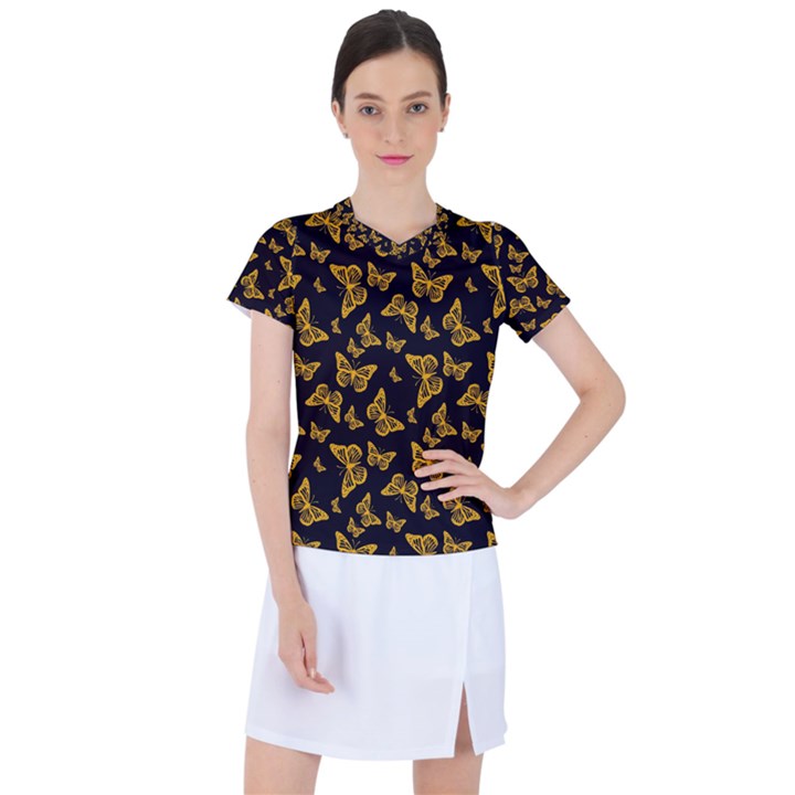 Black Gold Butterfly Print Women s Sports Top