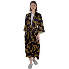 Black Gold Butterfly Print Maxi Satin Kimono by SpinnyChairDesigns