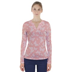 Peaches And Cream Butterfly Print V-neck Long Sleeve Top by SpinnyChairDesigns