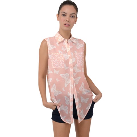 Peaches And Cream Butterfly Print Sleeveless Chiffon Button Shirt by SpinnyChairDesigns