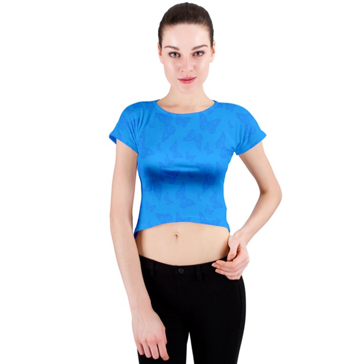 Cornflower Blue Butterfly Print Crew Neck Crop Top