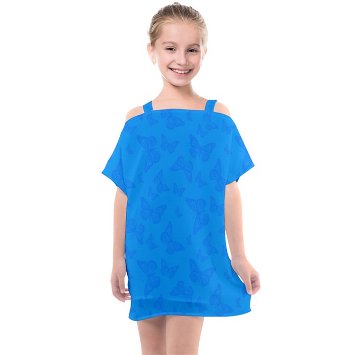 Cornflower Blue Butterfly Print Kids  One Piece Chiffon Dress