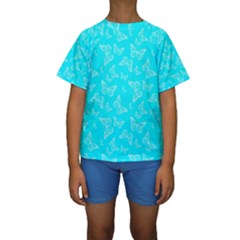 Aqua Blue Butterfly Print Kids  Short Sleeve Swimwear by SpinnyChairDesigns