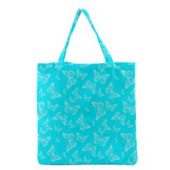 Aqua Blue Butterfly Print Grocery Tote Bag by SpinnyChairDesigns