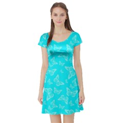 Aqua Blue Butterfly Print Short Sleeve Skater Dress by SpinnyChairDesigns