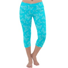 Aqua Blue Butterfly Print Capri Yoga Leggings by SpinnyChairDesigns