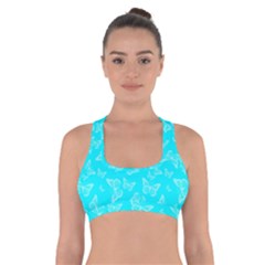 Aqua Blue Butterfly Print Cross Back Sports Bra by SpinnyChairDesigns