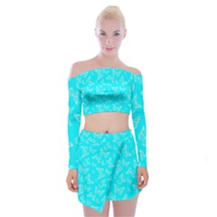 Aqua Blue Butterfly Print Off Shoulder Top With Mini Skirt Set by SpinnyChairDesigns