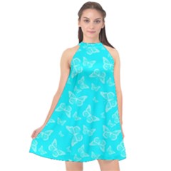 Aqua Blue Butterfly Print Halter Neckline Chiffon Dress  by SpinnyChairDesigns