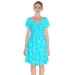 Aqua Blue Butterfly Print Short Sleeve Bardot Dress by SpinnyChairDesigns