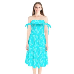 Aqua Blue Butterfly Print Shoulder Tie Bardot Midi Dress by SpinnyChairDesigns