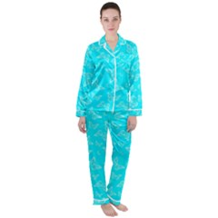 Aqua Blue Butterfly Print Satin Long Sleeve Pyjamas Set by SpinnyChairDesigns