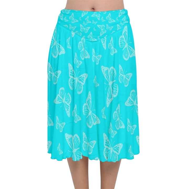 Aqua Blue Butterfly Print Velvet Flared Midi Skirt