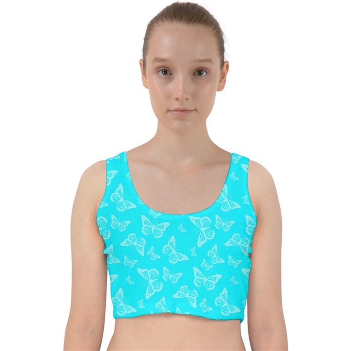 Aqua Blue Butterfly Print Velvet Racer Back Crop Top