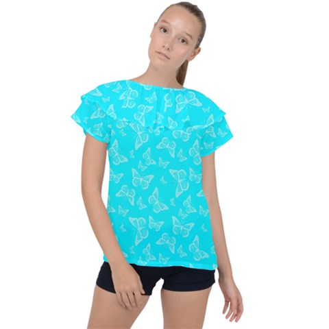 Aqua Blue Butterfly Print Ruffle Collar Chiffon Blouse by SpinnyChairDesigns