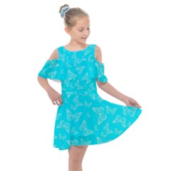 Aqua Blue Butterfly Print Kids  Shoulder Cutout Chiffon Dress