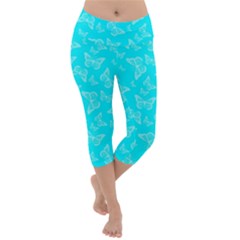 Aqua Blue Butterfly Print Lightweight Velour Capri Yoga Leggings by SpinnyChairDesigns