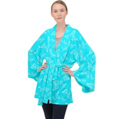 Aqua Blue Butterfly Print Long Sleeve Velvet Kimono  by SpinnyChairDesigns