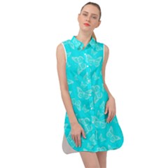 Aqua Blue Butterfly Print Sleeveless Shirt Dress by SpinnyChairDesigns