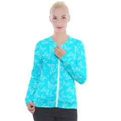 Aqua Blue Butterfly Print Casual Zip Up Jacket by SpinnyChairDesigns