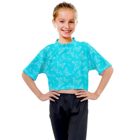 Aqua Blue Butterfly Print Kids Mock Neck Tee by SpinnyChairDesigns